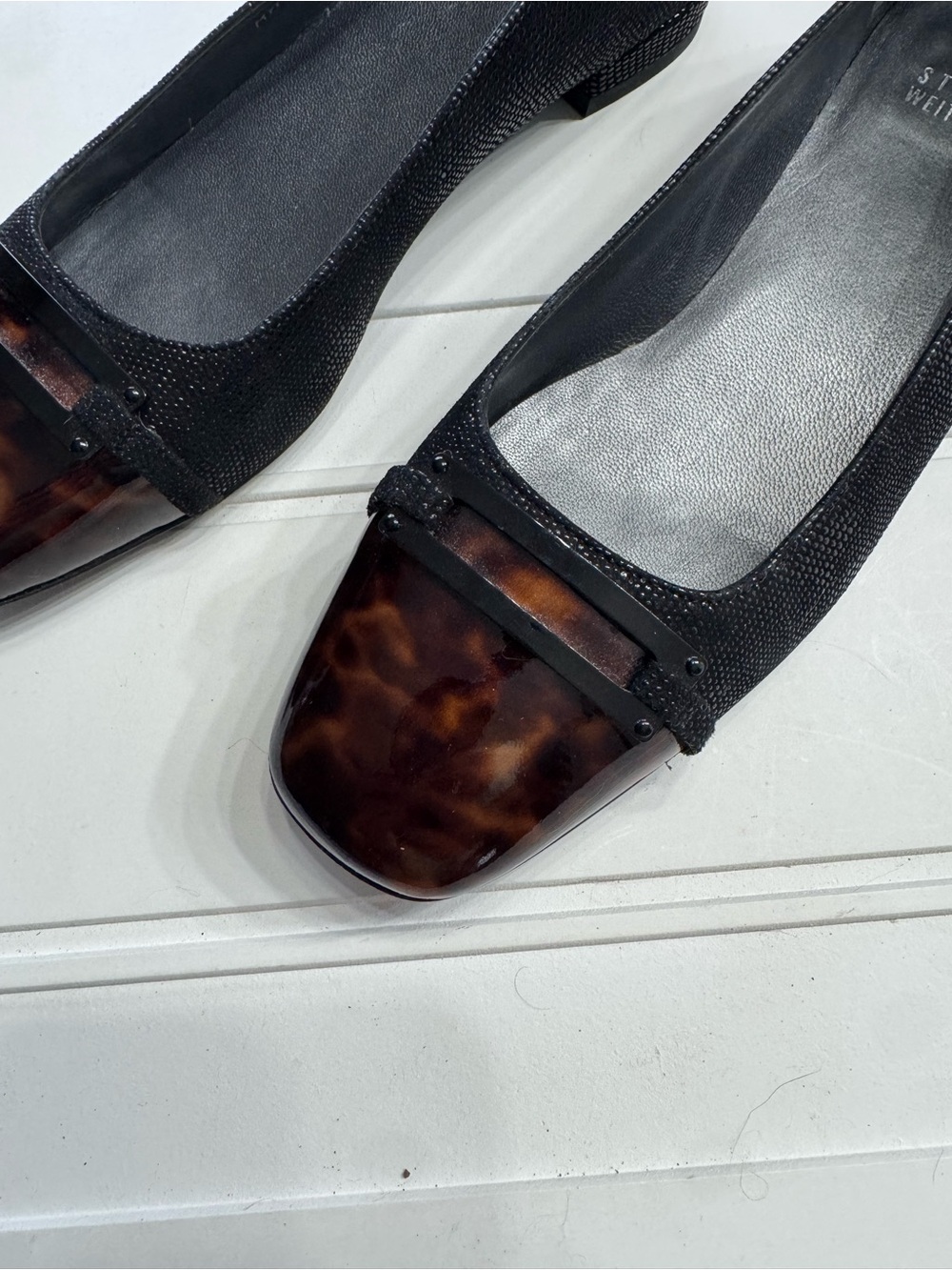 Stuart Weitzman Women’s Size 7.5 Black Square Tortoise Toe Mary Jane Loafers - Picture 3 of 9
